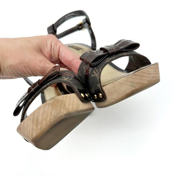 LOUIS VUITTON Idylle Monogram Platform Pumps Size 38 Peep Toe Patent Bow Brown - Picture 14 of 16